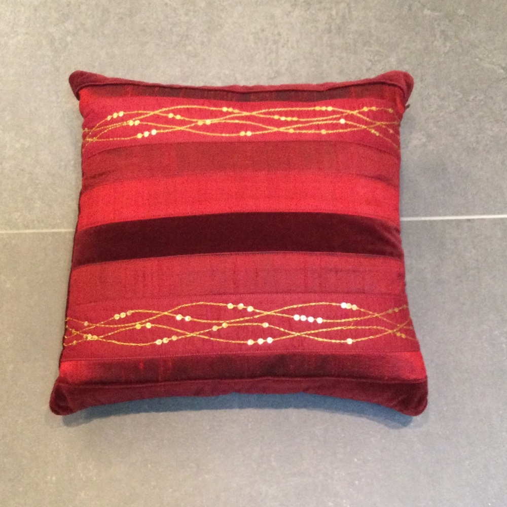 Lovely petite red pillow with gold trim, 12" x 12"